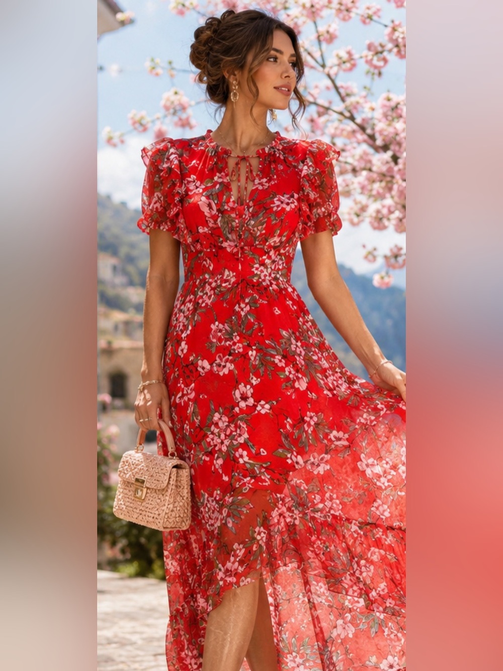 Sugar Lips Red Floral Sheer Ruffle Maxi Dress NWT Medium